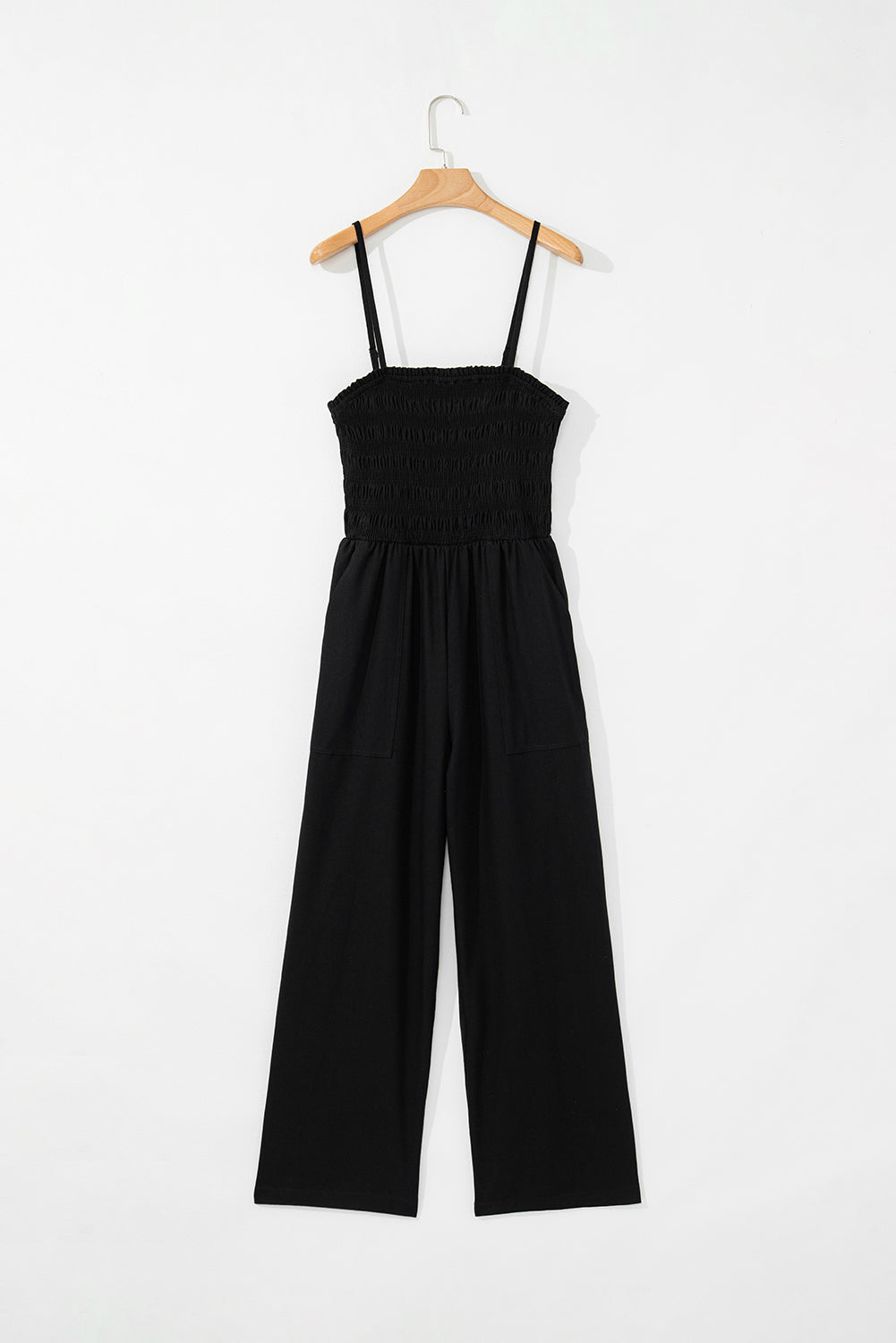 Black Spaghetti Straps Shirred Bodice Pocketed Wide Leg Jumpsuit