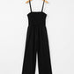 Black Spaghetti Straps Shirred Bodice Pocketed Wide Leg Jumpsuit