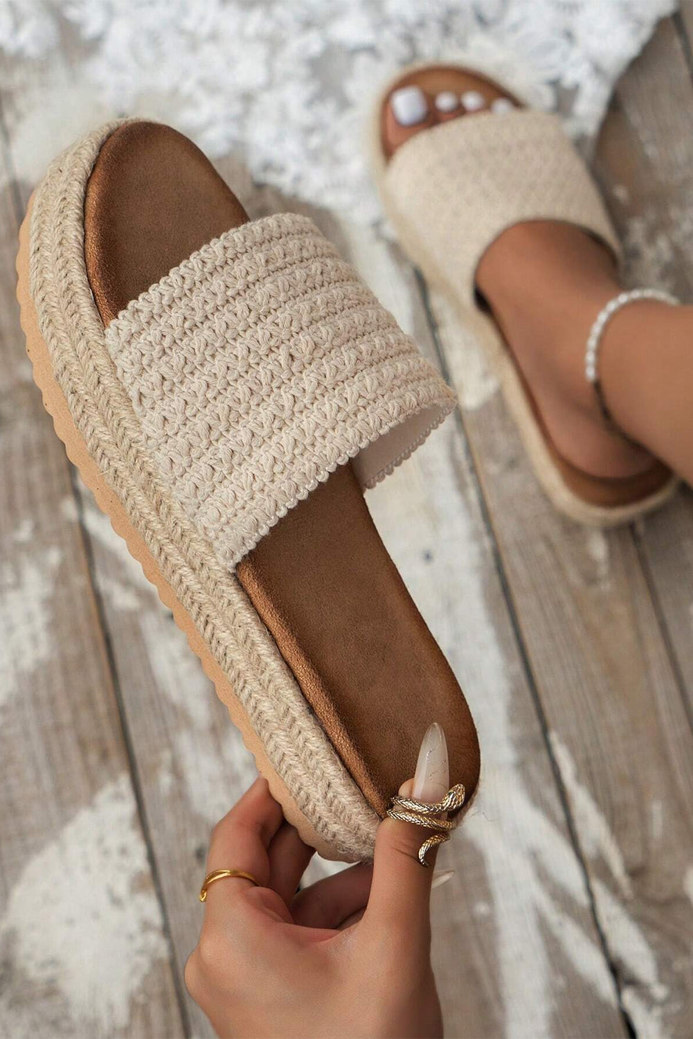 White Boho Woven Non-slip Wedge Slippers