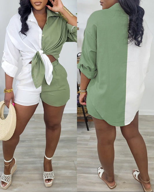 Colorblock Buttoned Asymmetrical Hem Top & Shorts Set