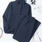 Navy Blue Solid Color Collared Sweatshirt and High Waist Pants Set