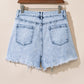 Light Blue Acid Wash Crossed Raw Edge Denim Shorts