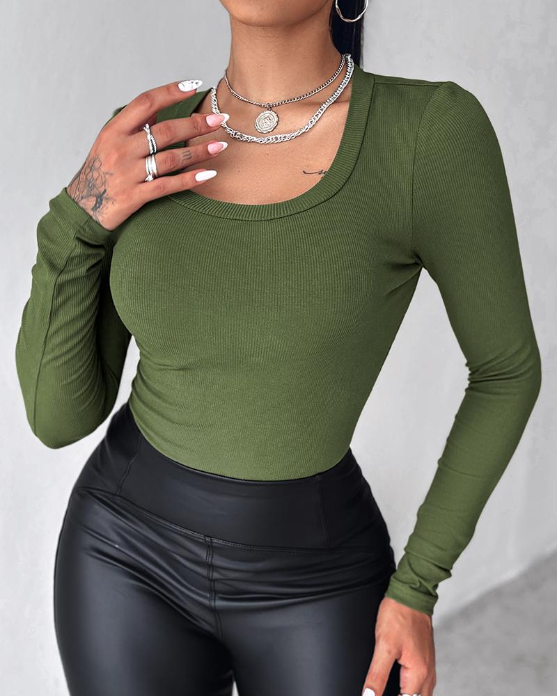 U Neck Built in Bra Long Sleeve Ribbed Top