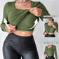 U Neck Built in Bra Long Sleeve Ribbed Top