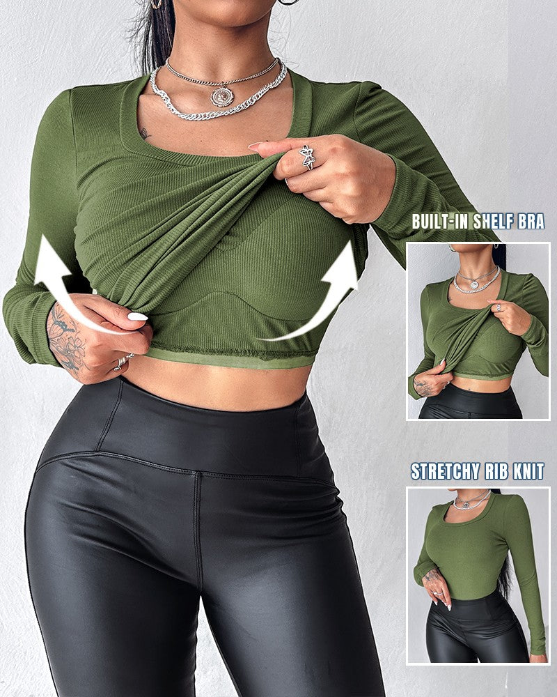 U Neck Built in Bra Long Sleeve Ribbed Top