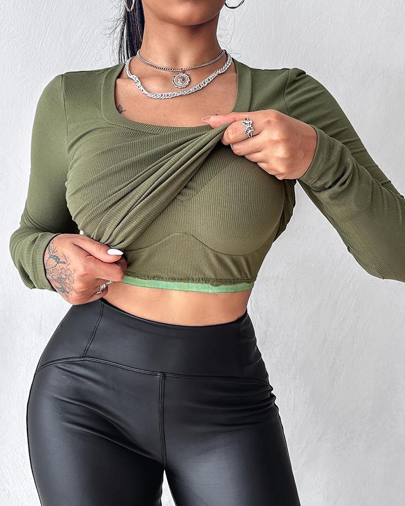 U Neck Built in Bra Long Sleeve Ribbed Top