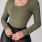 U Neck Built in Bra Long Sleeve Ribbed Top