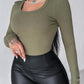 U Neck Built in Bra Long Sleeve Ribbed Top