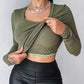 U Neck Built in Bra Long Sleeve Ribbed Top