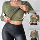 U Neck Built in Bra Long Sleeve Ribbed Top