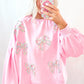 Light Pink Embroidered Bow Lantern Sleeve Oversized Pullover Sweatshirt