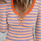 Striped Notch Neck Long Sleeve Ribbed Top Pullover Slim Fit Tee