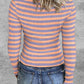 Striped Notch Neck Long Sleeve Ribbed Top Pullover Slim Fit Tee