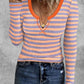 Striped Notch Neck Long Sleeve Ribbed Top Pullover Slim Fit Tee