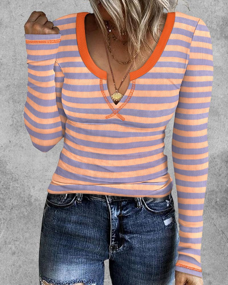 Striped Notch Neck Long Sleeve Ribbed Top Pullover Slim Fit Tee