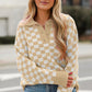 Apricot Checkered Buttons Collar V Neck Drop Shoulder Sweater