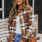 Brown Pocketed Buttoned Plaid Shirt Jacket