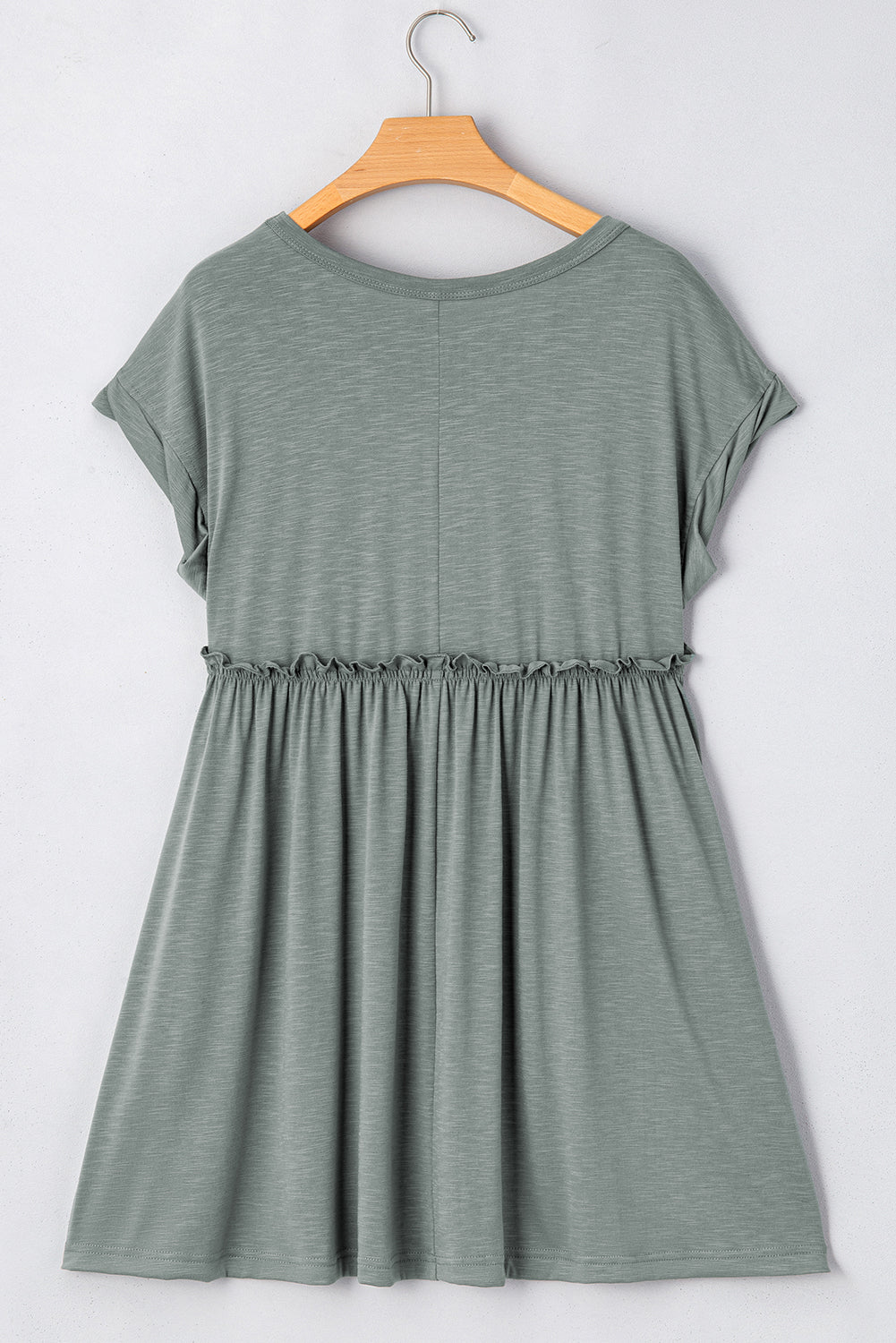 Mist Green Frilled Gathered Seam Round Neck T Shirt Dress