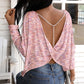 Waffle Knit Round Neck Long Sleeve Pearl Chain Tee Twist Casual Top