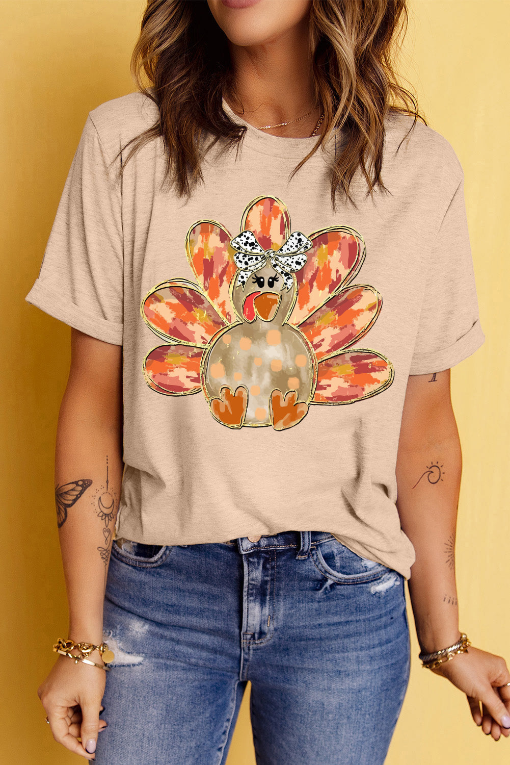 Khaki Thanksgiving Bowknot Turkey Graphic Crewneck Tee