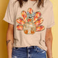 Khaki Thanksgiving Bowknot Turkey Graphic Crewneck Tee