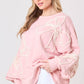 Light Pink Bow Thread Embroidery Ribbed Edge Sweatshirt