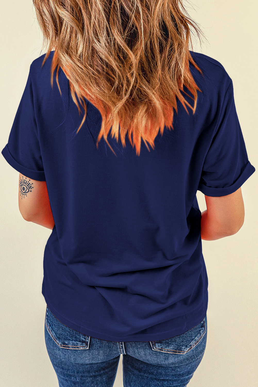 Blue Glittering Game Day Graphic Cuffed Sleeve Crew Neck T Shirt