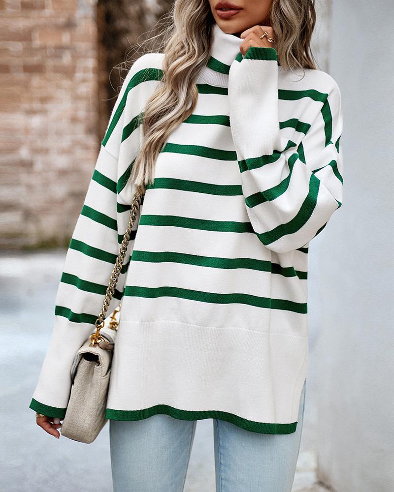 Striped High Neck Side Slit Knit Sweater