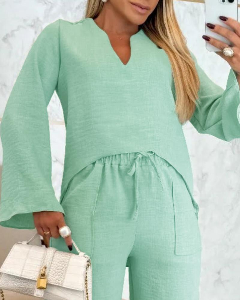 Asymmetrical Hem Notch Neck Top & Drawstring Straight Leg Pants Set