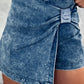 Sail Blue Acid Wash Asymmetric Twisted Wrapped Zipped Denim Skort