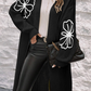 Black Flower Embroidered Drop Shoulder Open Front Duster Cardigan