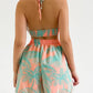 Palm Coconut Tree Print Halter Top & Drawstring Shorts Set With Shirred Coat