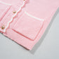 Pink Ribbed Knit Scalloped Edge Side Pockets Buttoned Cardigan