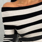 Striped Off Shoulder Long Sleeve Knit Sweater Slim Fit Pullover Top