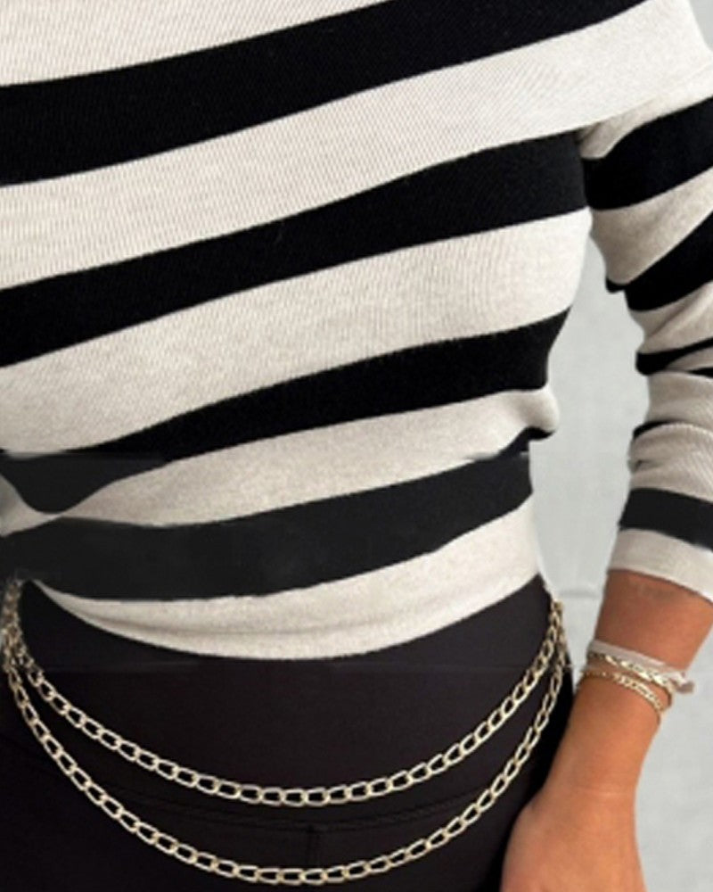 Striped Off Shoulder Long Sleeve Knit Sweater Slim Fit Pullover Top