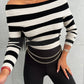 Striped Off Shoulder Long Sleeve Knit Sweater Slim Fit Pullover Top