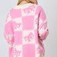 Pink Bowknot Checkered Pattern V Neck Drop Shoulder Button Up Cardigan