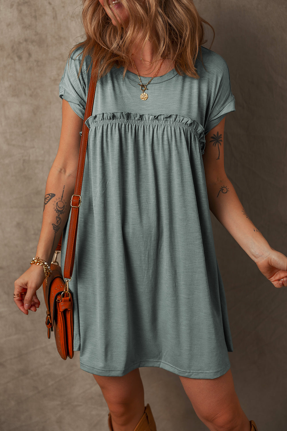 Mist Green Frilled Gathered Seam Round Neck T Shirt Dress