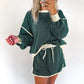 Evergreen Color Contrast Loose Pullover and Lace-up Waist Skort Set