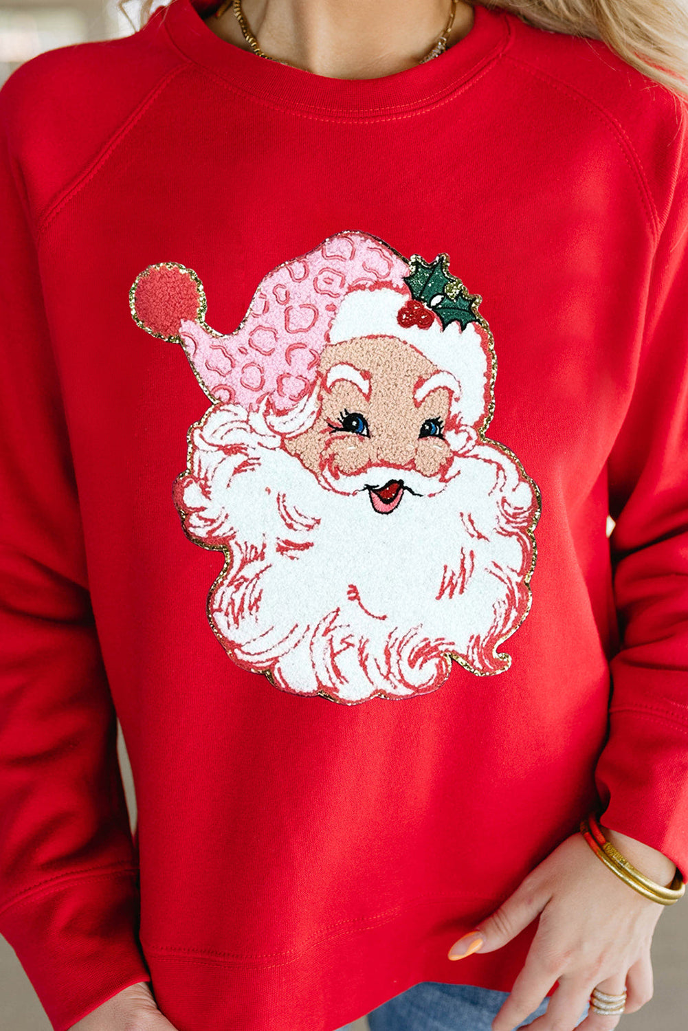 Red Santa Claus Graphic Crewneck Raglan Sleeve Christmas Sweatshirt