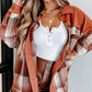 Khaki Colorblock Plaid Pattern Flap Pockets Buttoned Shacket