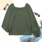 Green Scoop Neck Puff Sleeve Waffle Knit Top