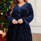 Navy Blue Plus Size Textured Velvet Tiered Button V Neck Dress