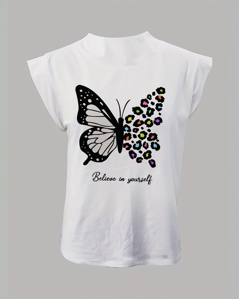 Butterfly Leopard Slogan Print Cap Sleeve Top