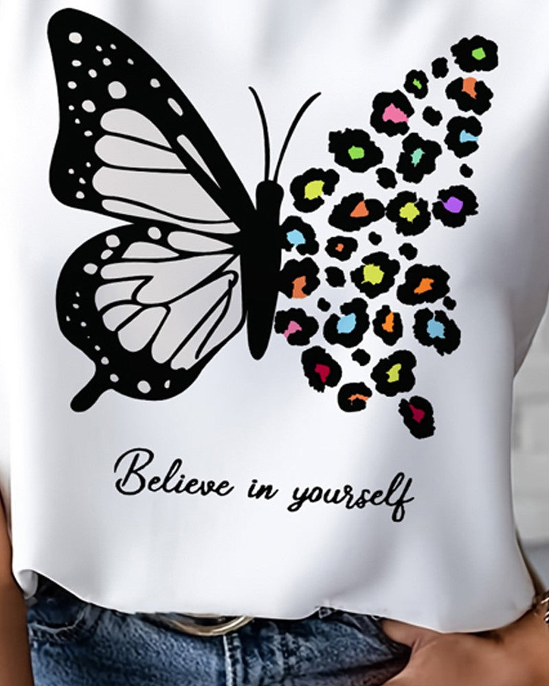 Butterfly Leopard Slogan Print Cap Sleeve Top