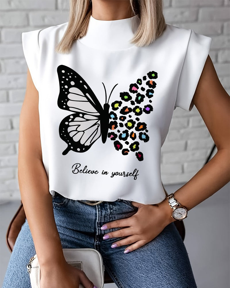 Butterfly Leopard Slogan Print Cap Sleeve Top