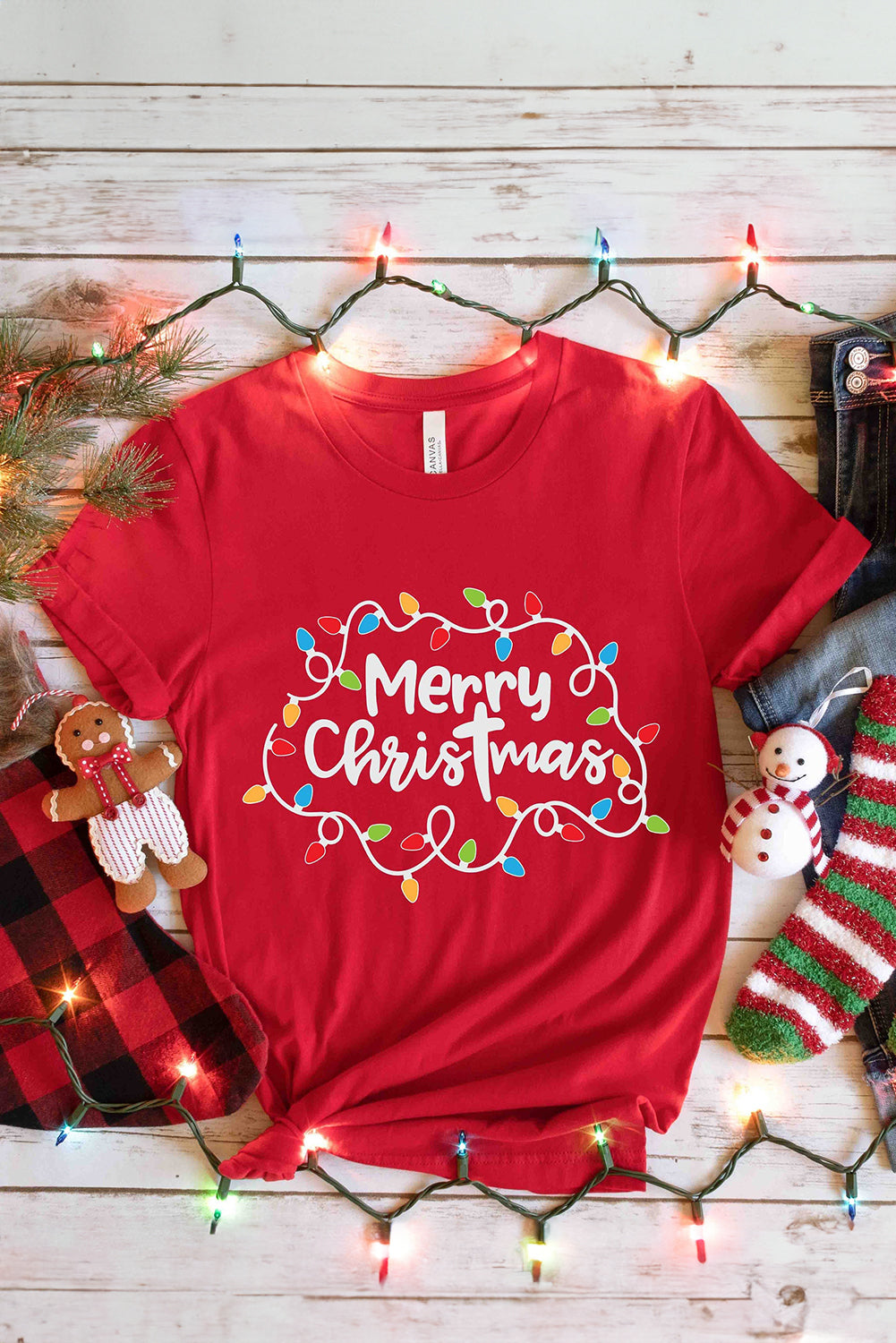 Red Merry Christmas Lights Print Crew Neck T Shirt