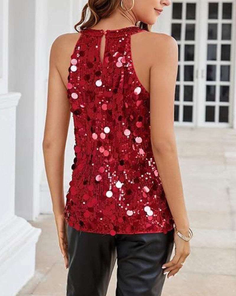 Round Neck Sequin Sleeveless Tank Top Casual Slim Fit Party Clubwear