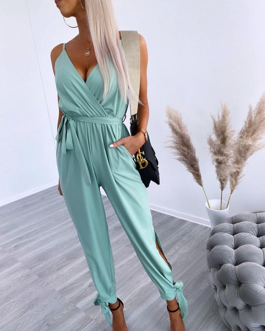 V Neck Tied Detail Pocket Design Jumpsuit