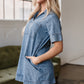 Beau Blue Short Sleeve Collared Patched Pocket Denim Mini Dress